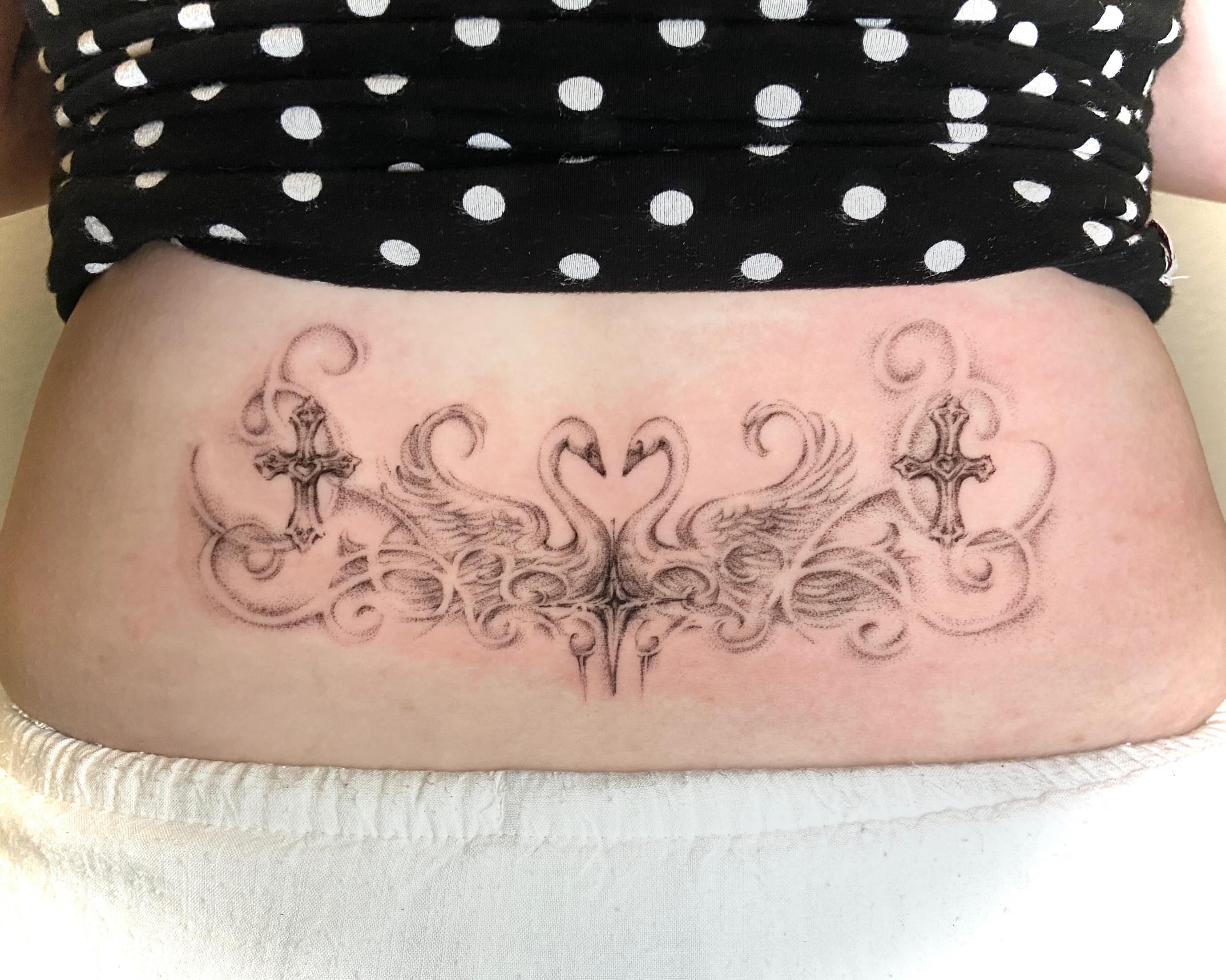 Swans and crosses black and grey tattoo on the torso by ༒ ₐₙ𝓰ₑₗₐ  ༒