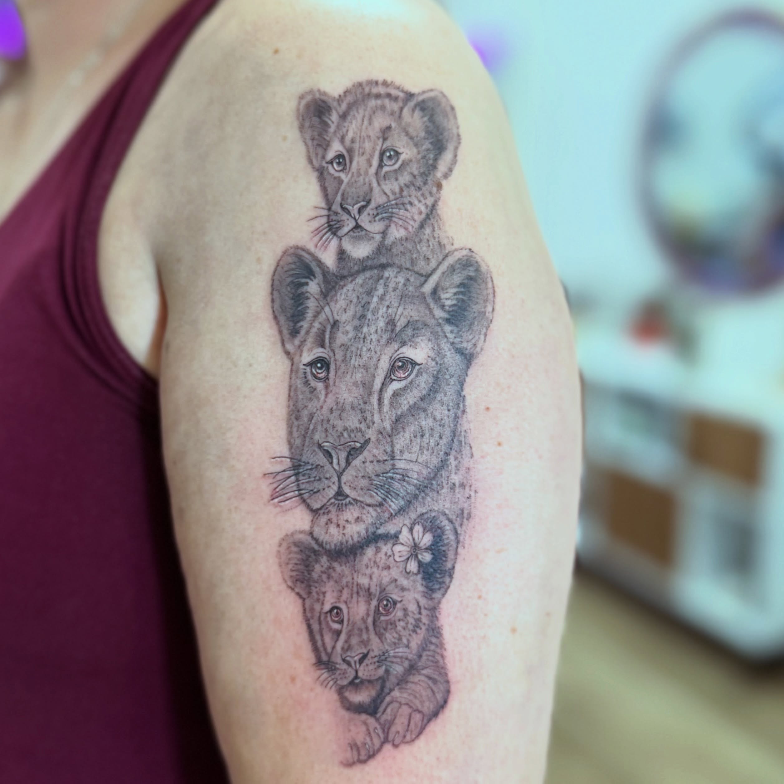 Lion family realism tattoo on the shoulder by Ink About Me - Amanda’s Fine Lines