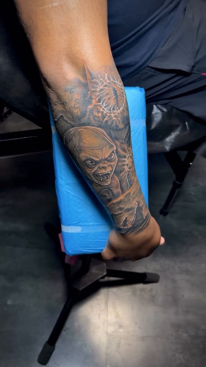 Skull and thorny crown realism tattoo on the calf by Yulia Chekir, Chicago, Illinois