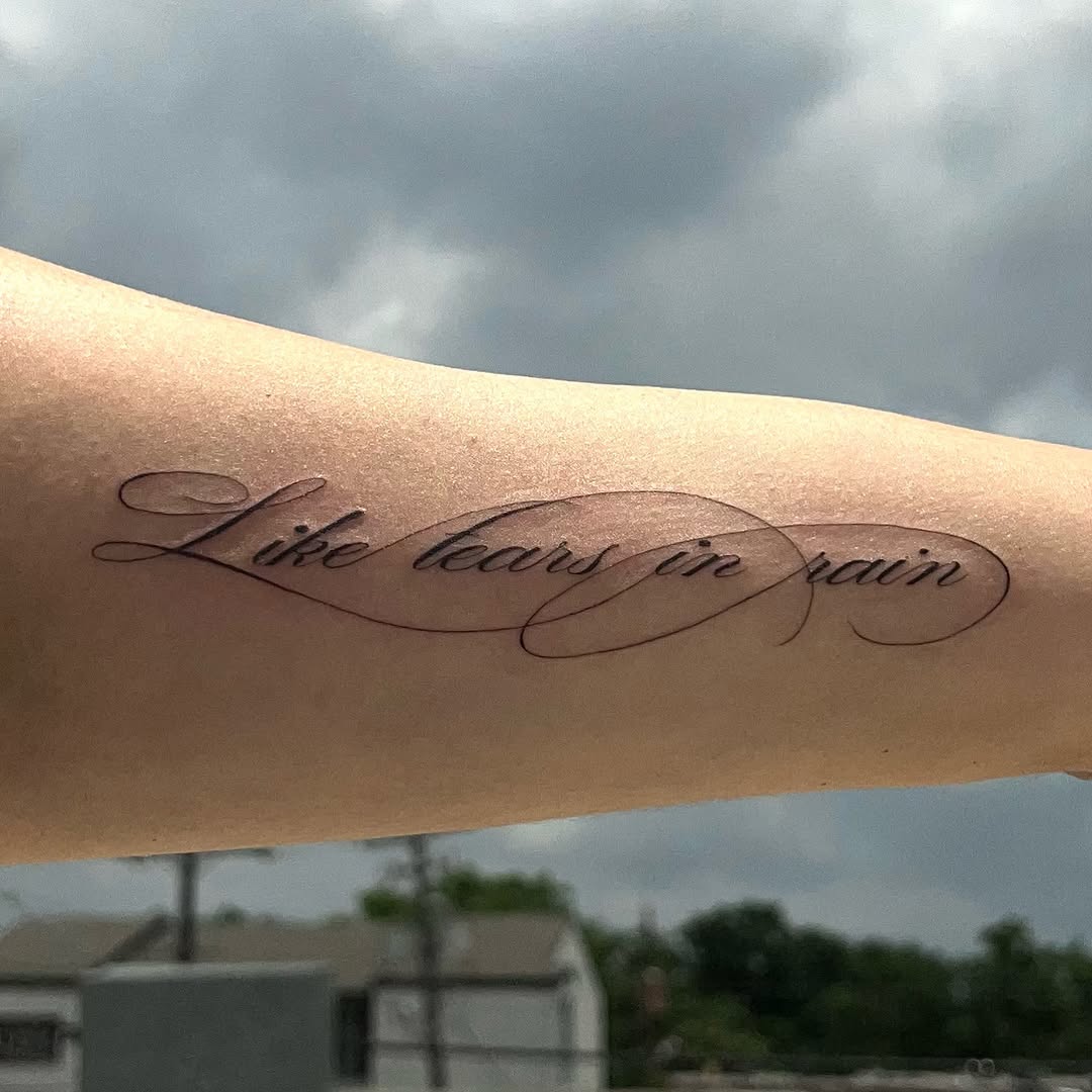 Script lettering lettering tattoo on the forearm by syiko ☆ 。・:*˚:✧。, Austin, Texas