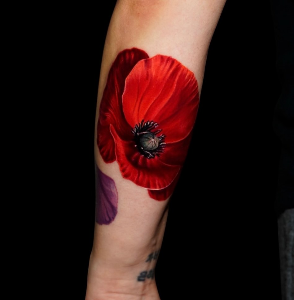 Red poppy flower watercolor tattoo on the forearm by David Gordon