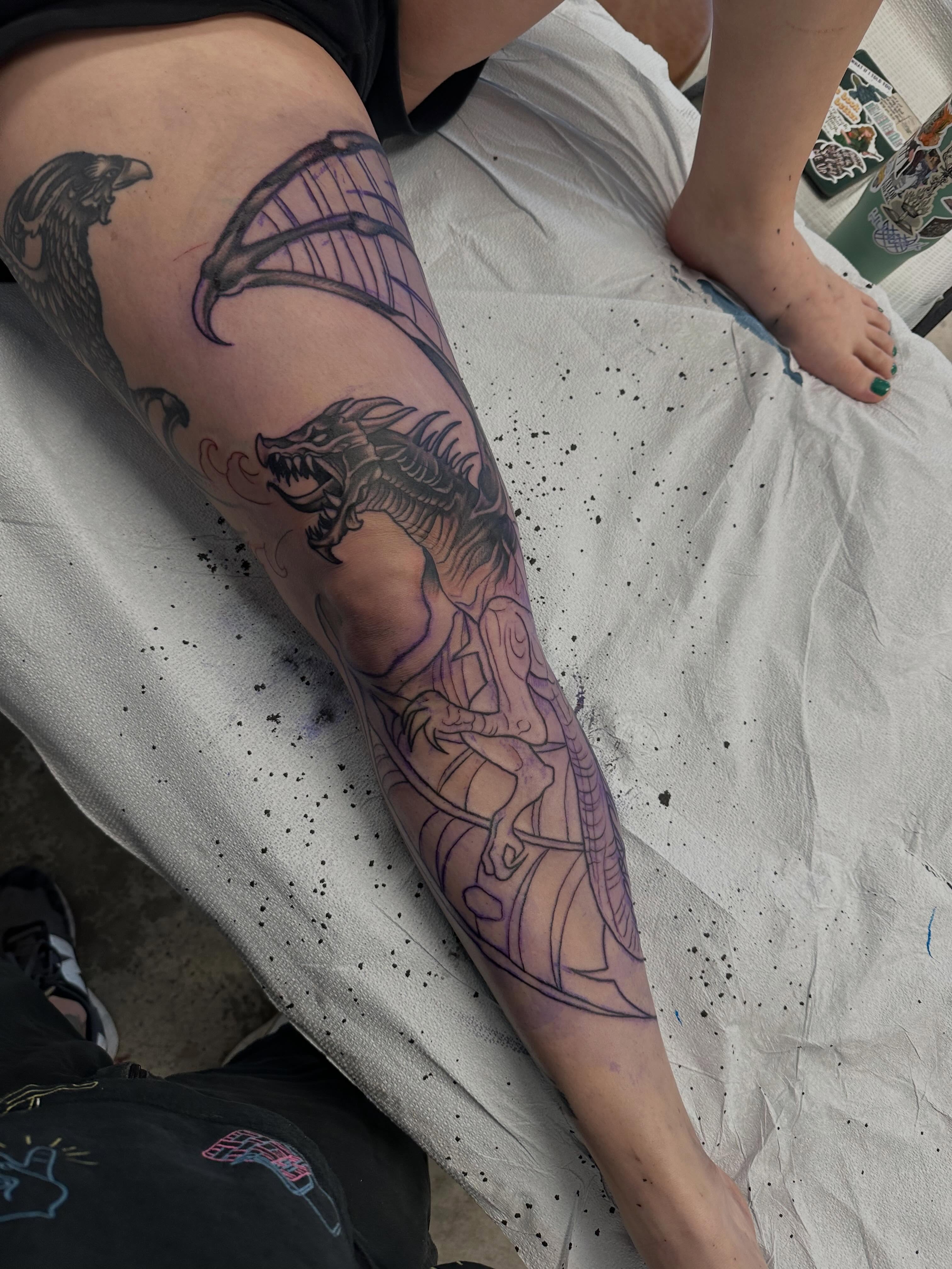 Dragon and knight American traditional tattoo on the forearm by Vincent Merys