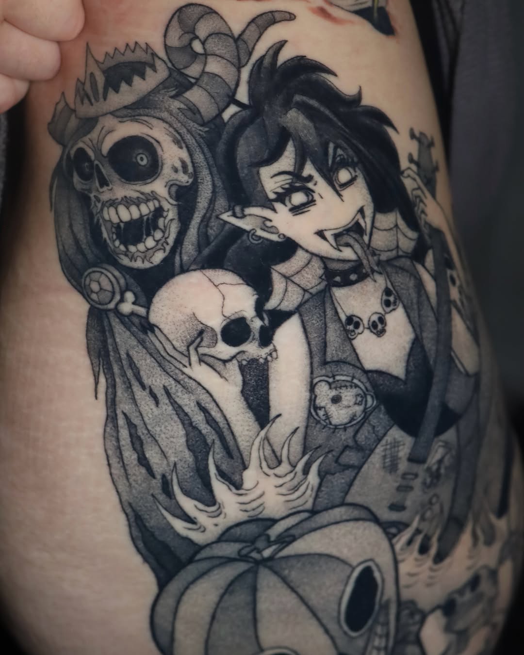 Vampire girl and skeleton dotwork tattoo on the thigh by Dana, Phoenix, Arizona