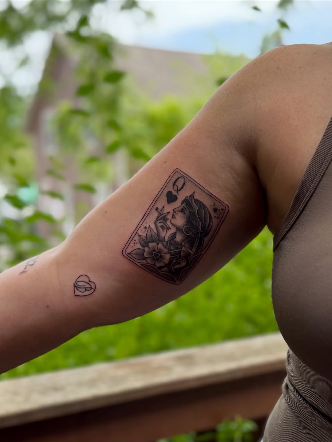 Queen of Hearts playing card minimalist tattoo on the forearm by Nicole Libretti ✶ Tattoo ✶ Hvny