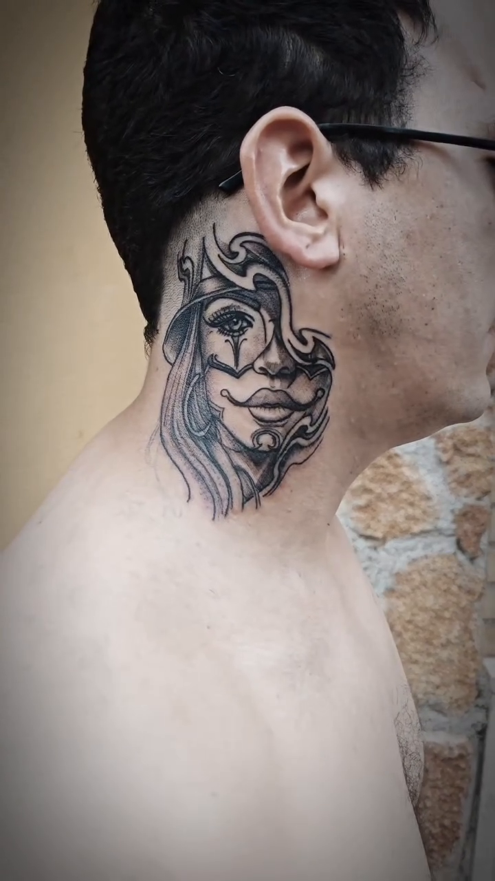 Face with flowing hair realism tattoo on the neck by Juanma Martin