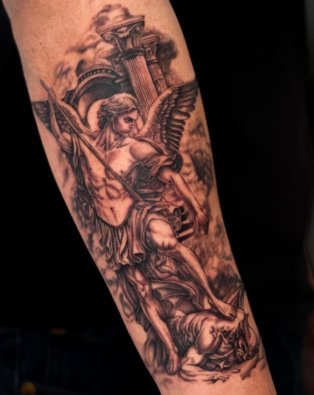 Archangel Michael defeating a demon realism tattoo on the forearm by ♍️𝒾𝒸𝒽𝑒𝓁𝓁𝑒⁺‧₊˚ ཐི⋆♱⋆ཋྀ ˚₊‧⁺, Charlotte, North Carolina