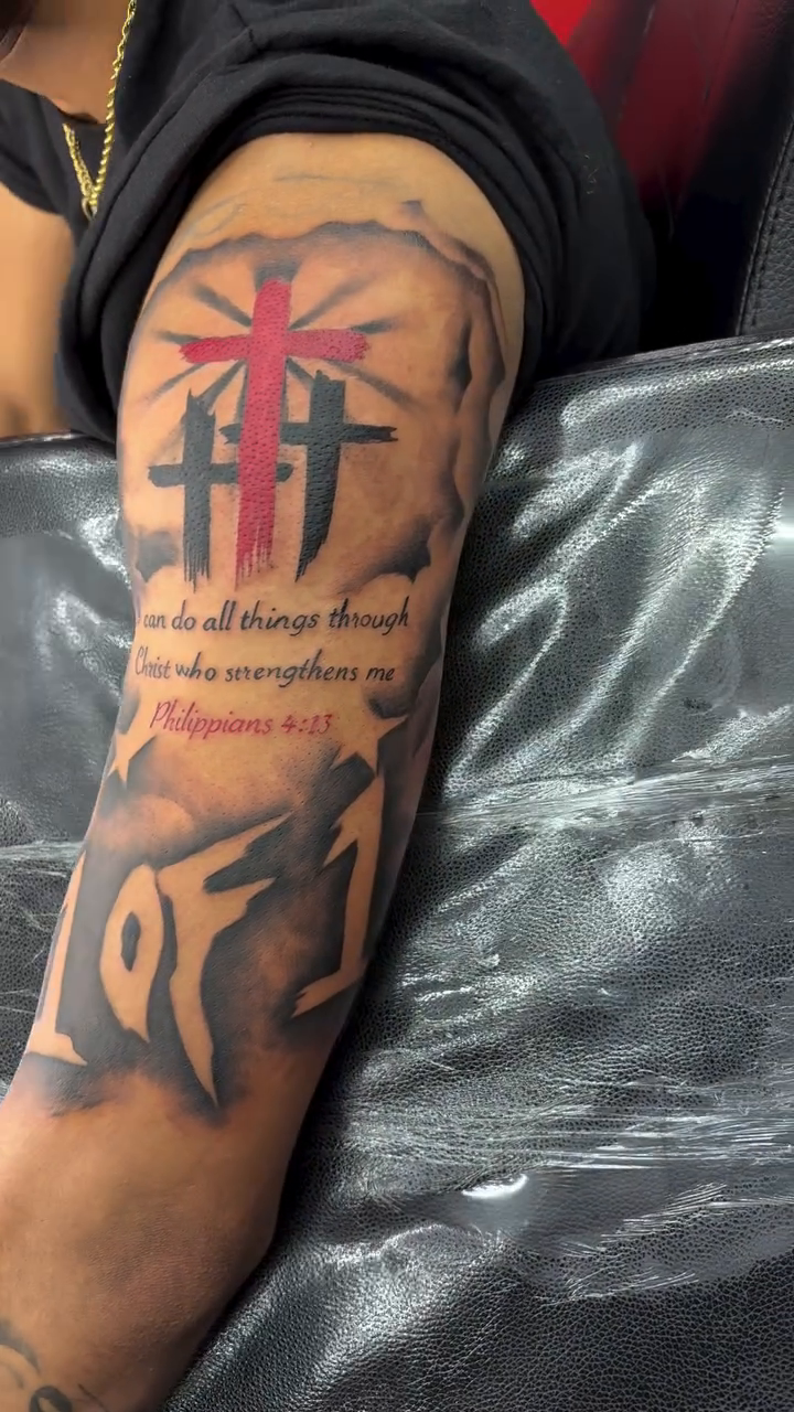 Crosses with scripture and numbers realism tattoo on the forearm by Art Plug