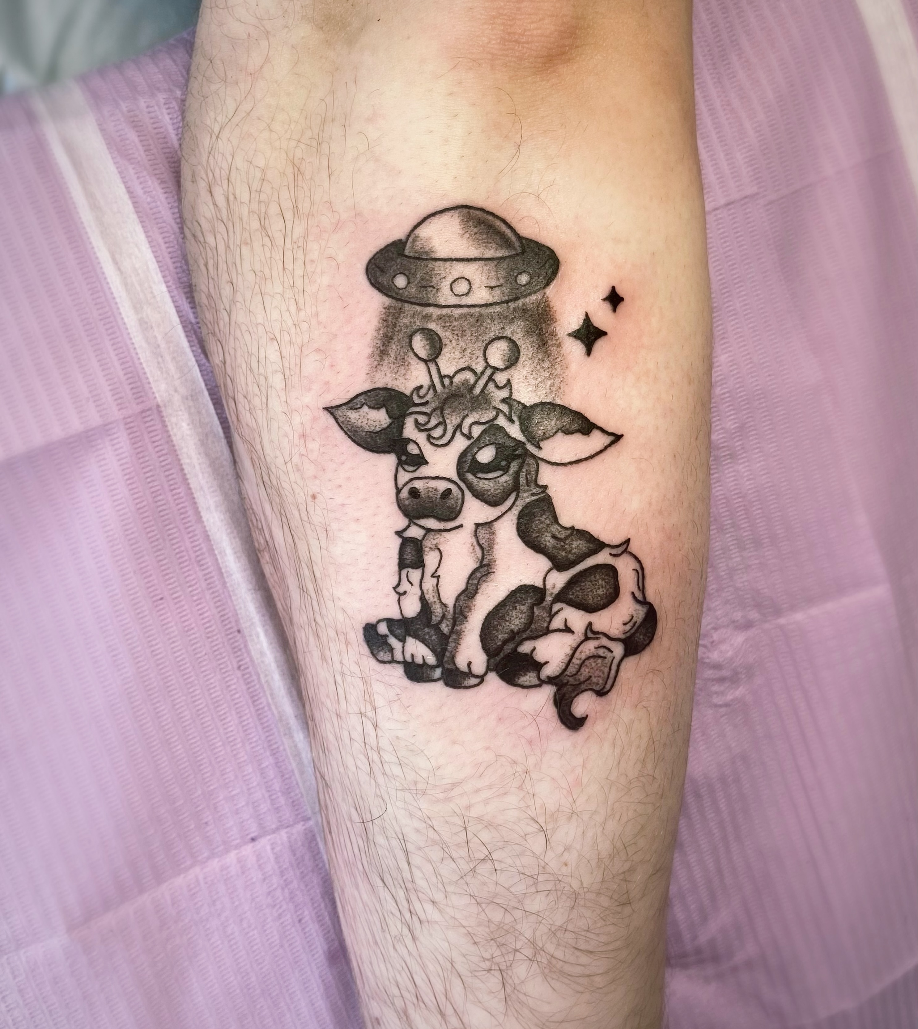 Cow with UFO dotwork tattoo on the forearm by Shay Cole