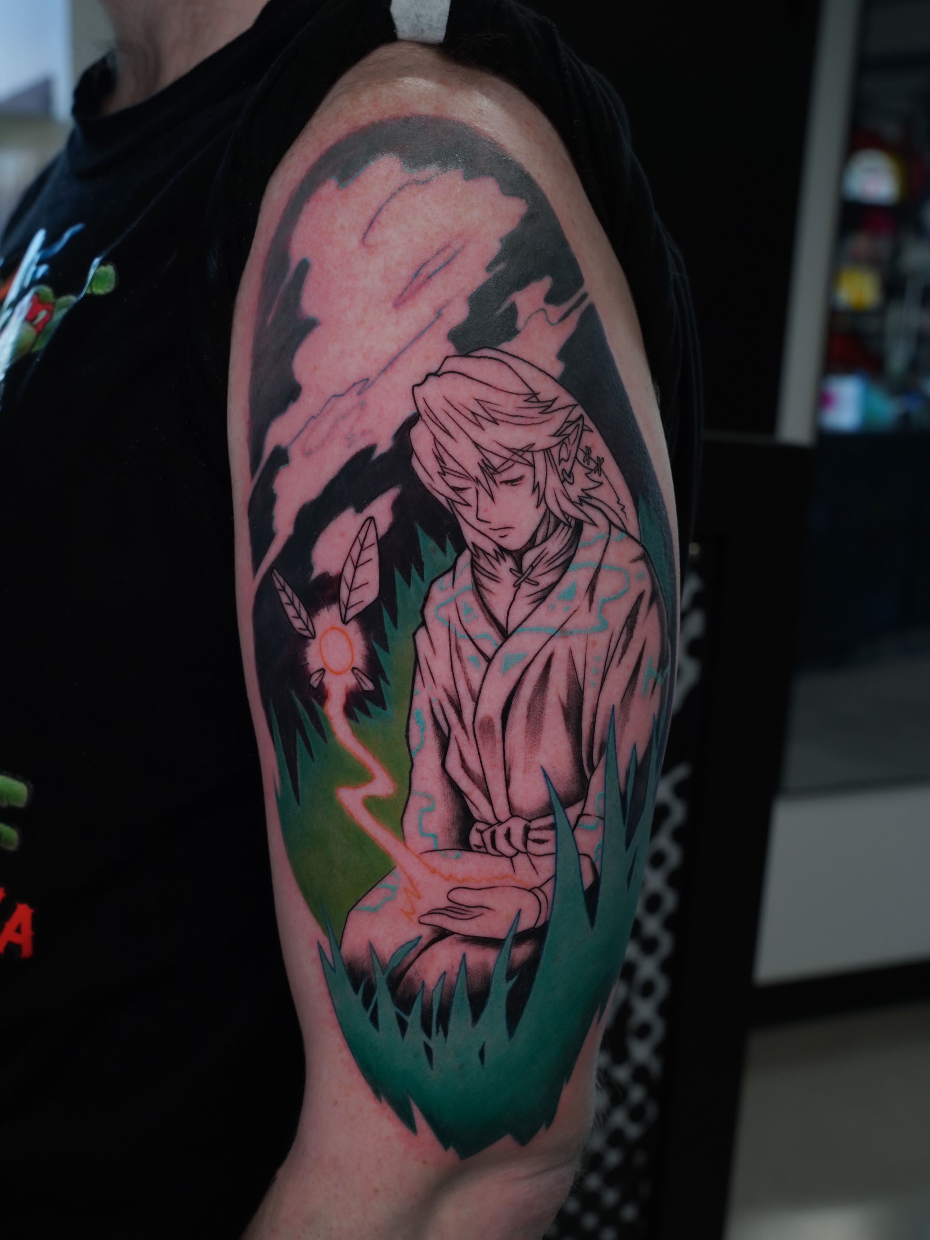 Anime character anime tattoo on the forearm by Derek Foferek, Charlotte, North Carolina