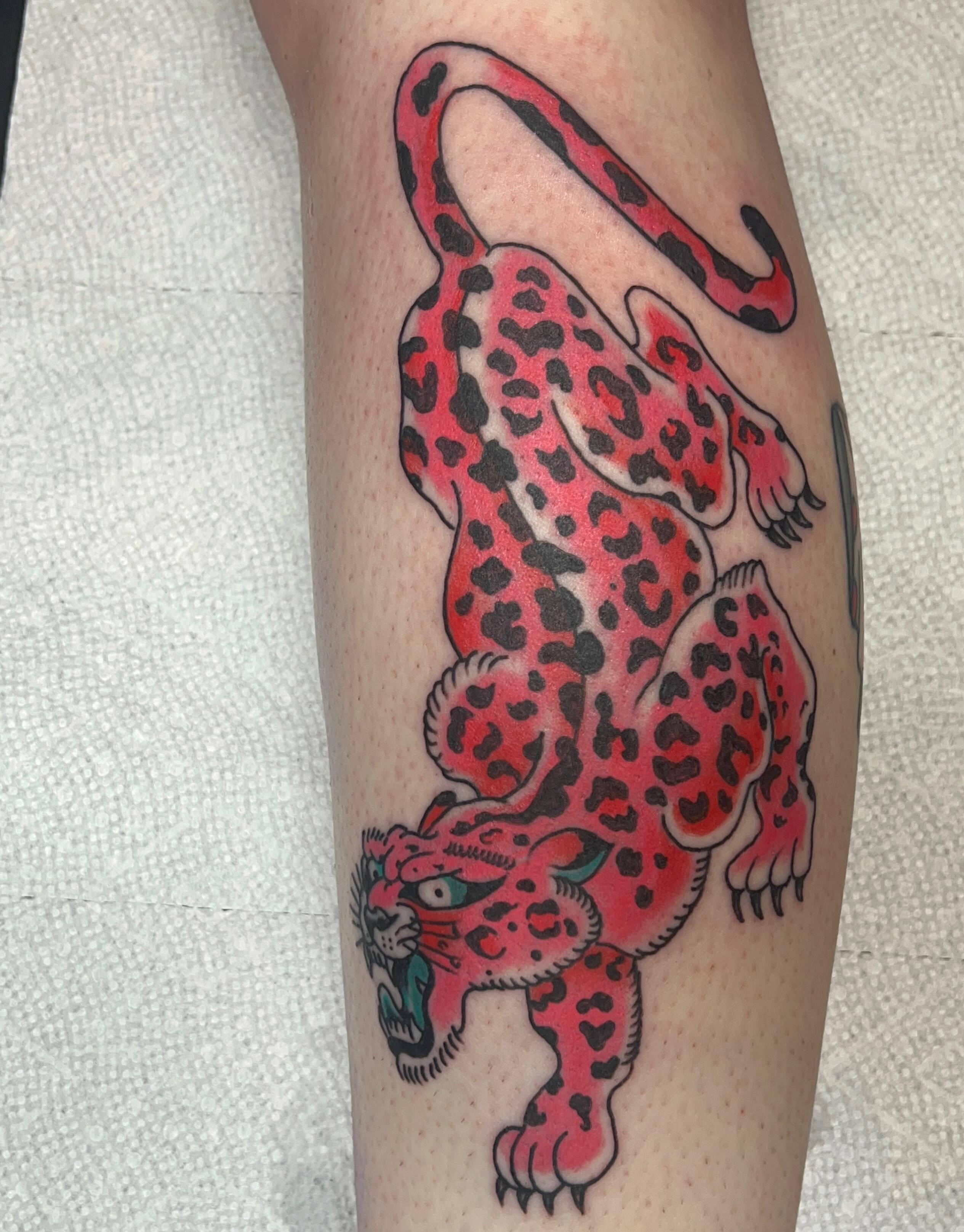 Leopard American traditional tattoo on the forearm by Casey Lewis - Tattoo Artist, Cleveland Ohio
