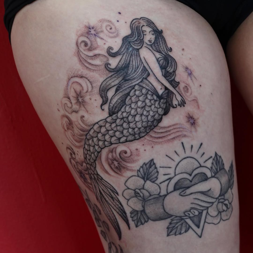 Tattoo by @mamaearthtone — black_and_grey, fine_line