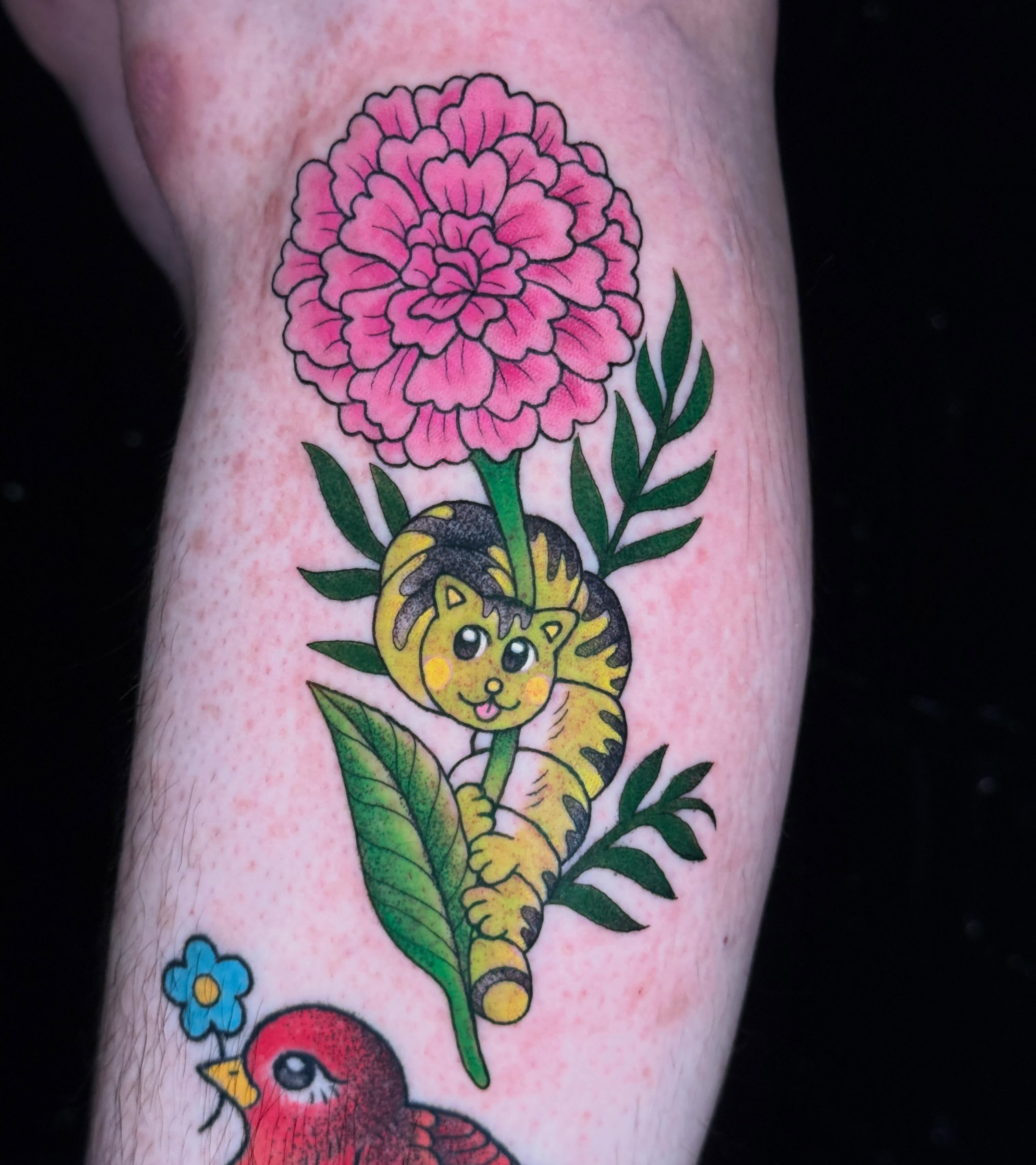 Cat and flower new school tattoo on the forearm by liam u. williams