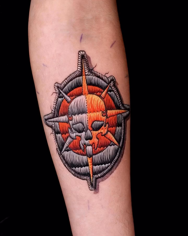 Compass with skull new school tattoo on the forearm by Yana Aizen