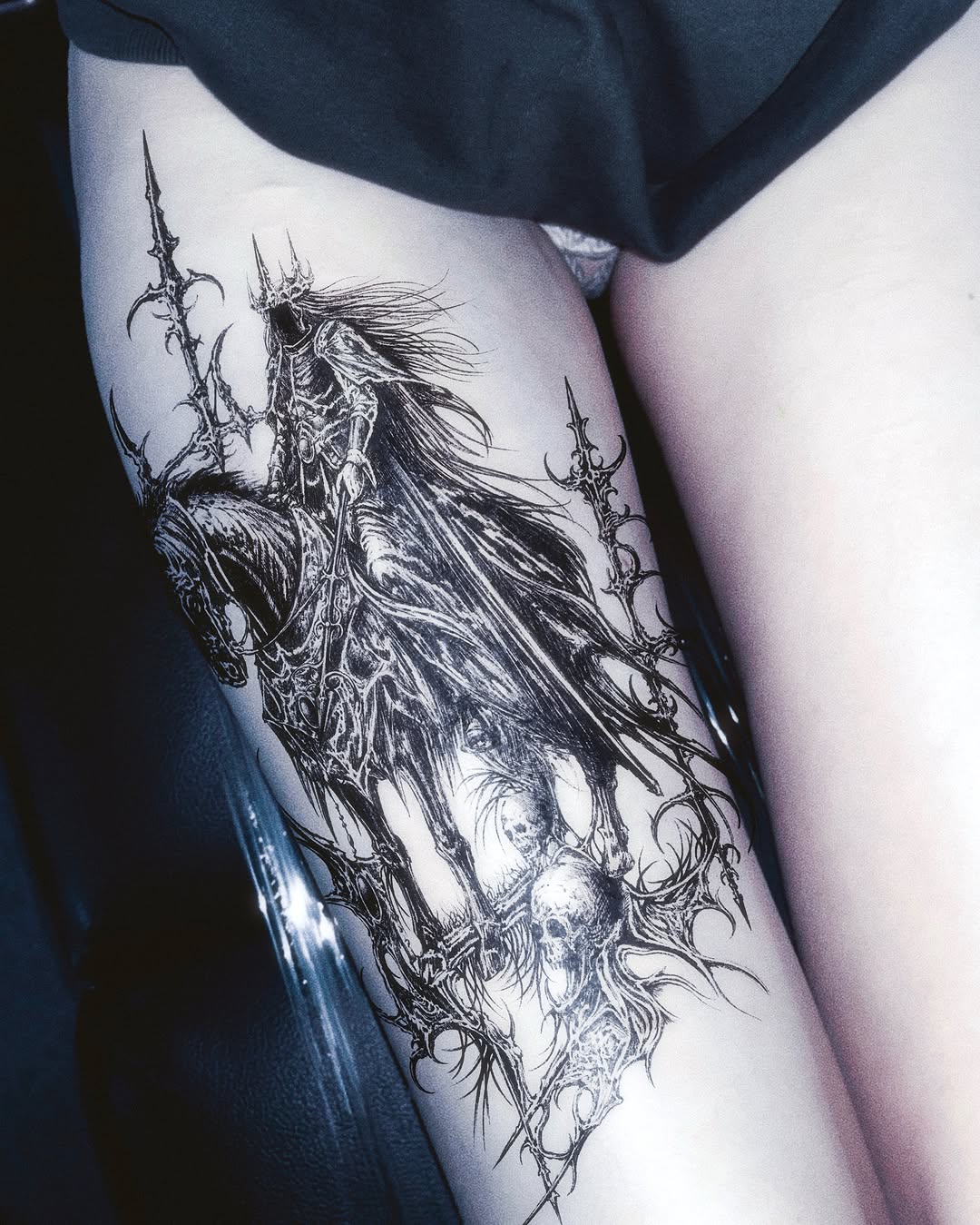 Dark fantasy warrior dark realism tattoo on the thigh by LX7