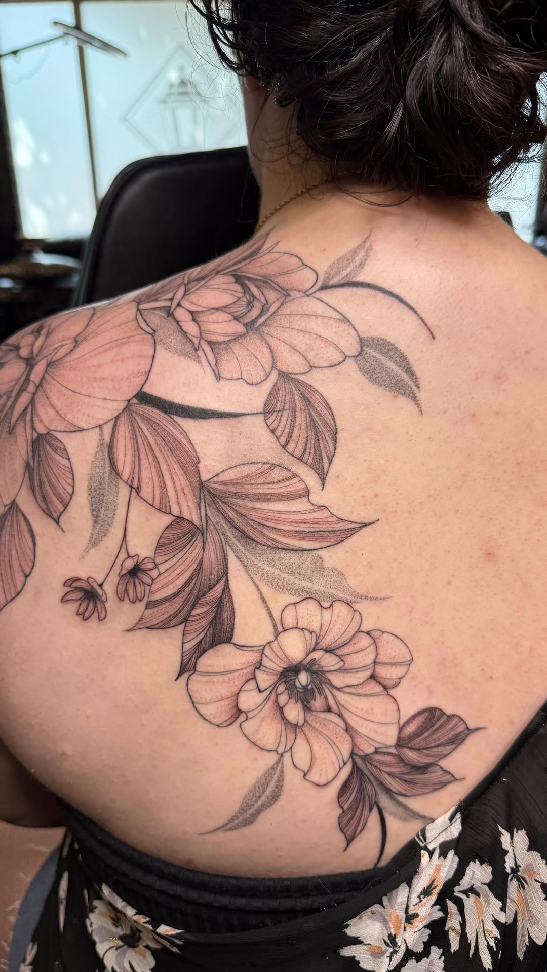 Floral shoulder piece dotwork tattoo on the shoulder by WhoisLaineyTattoos