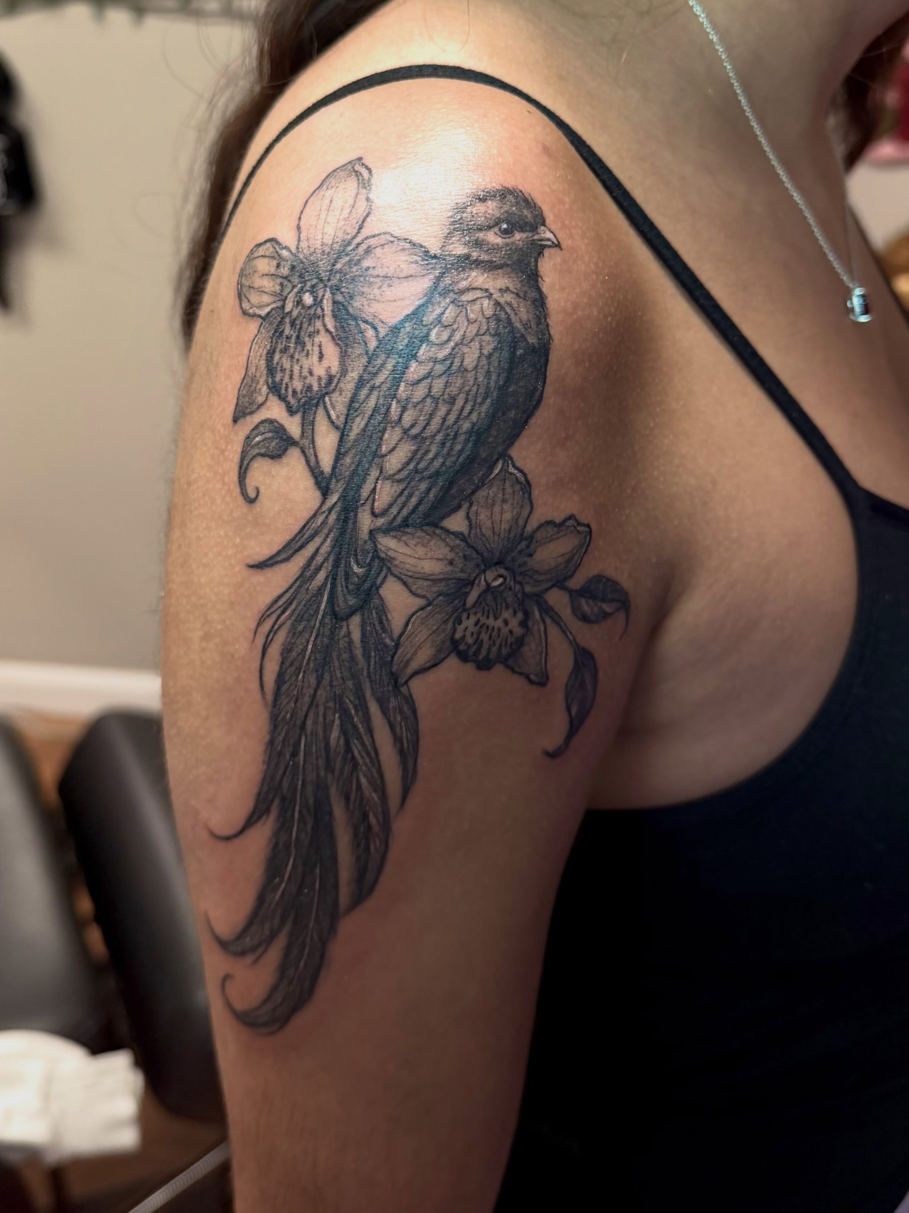 Bird and orchid realism tattoo on the shoulder by Skylar Sheeley