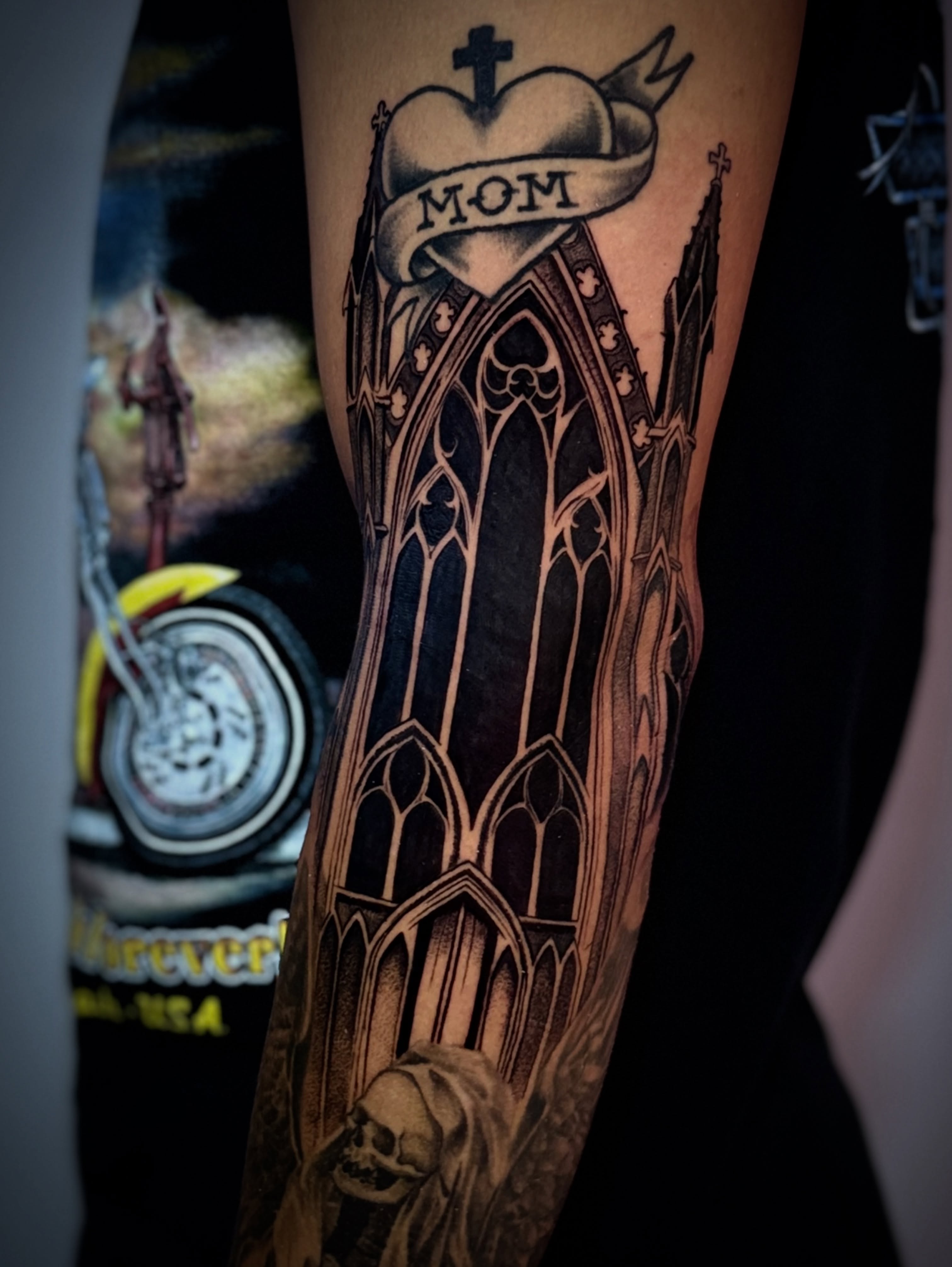 Gothic cathedral geometric tattoo on the forearm by † Aileen † Chicago Tattoo Artist
