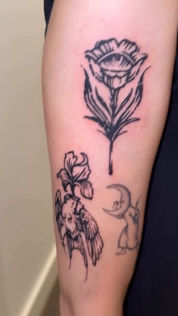 Rose with eye and celestial elements ignorant tattoo on the forearm by Natalie