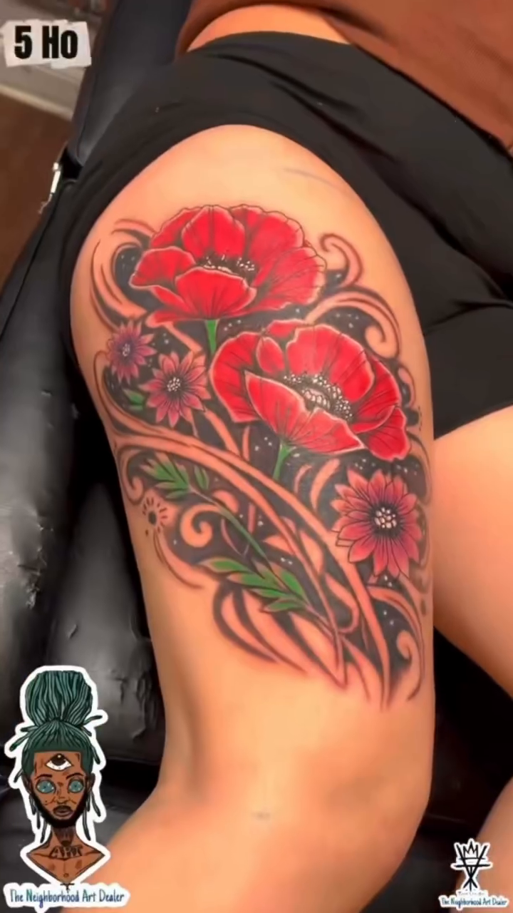 Poppies and leaves on arm neo-traditional tattoo on the shoulder by The Neighborhood Art Dealer™️