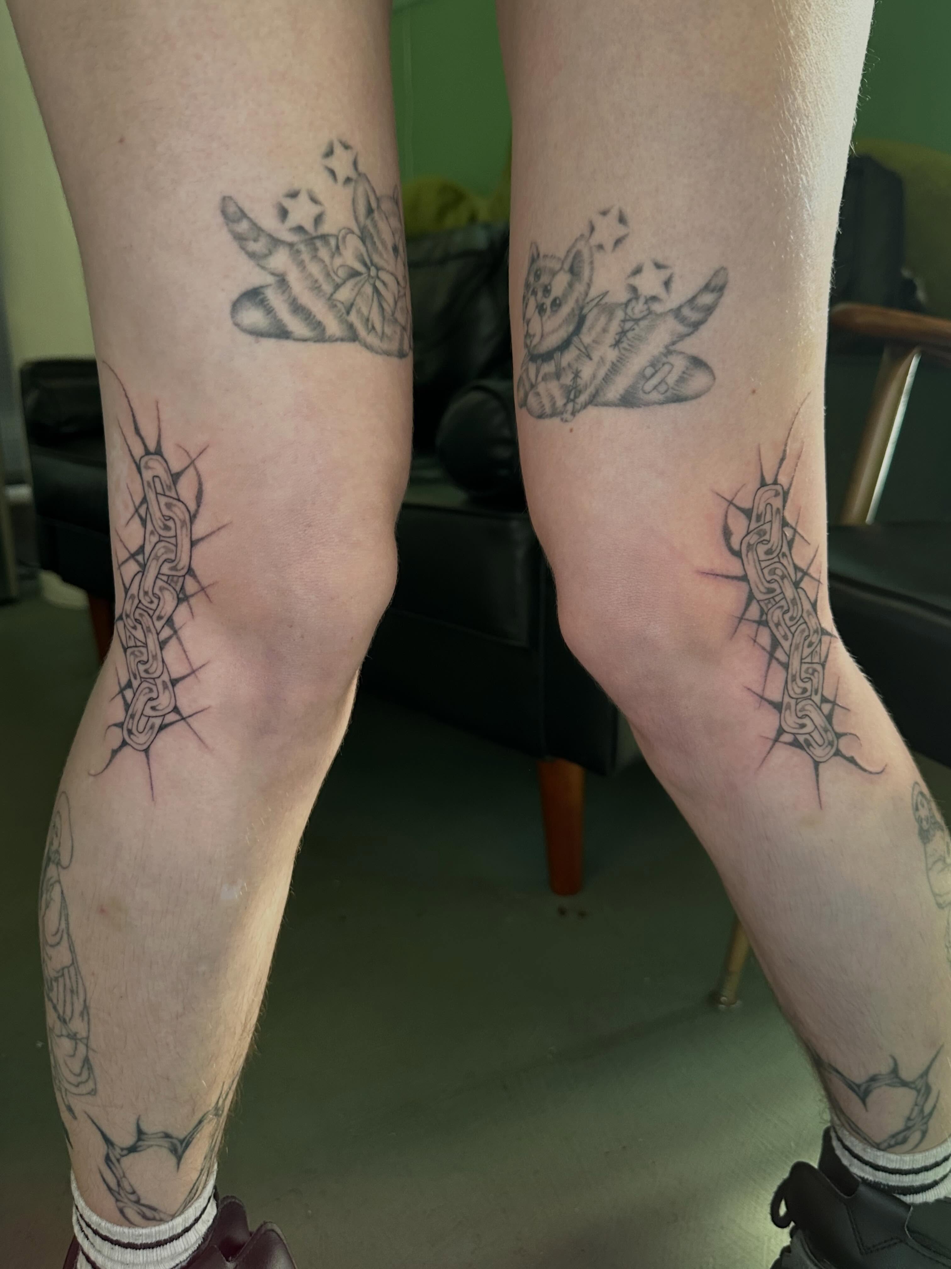 Airplane and stars black and grey tattoo on the leg by 𝔠𝔞𝔯𝔯𝔦𝔢