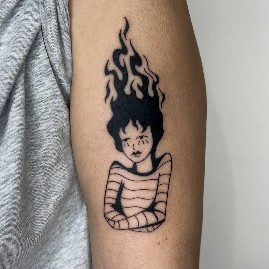 Girl with flames for hair surrealism tattoo on the forearm by Elleree (LRE)