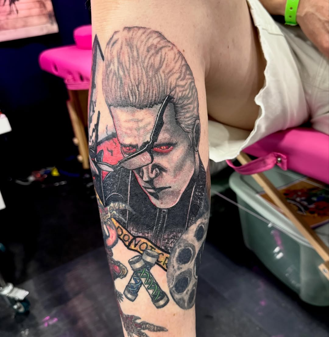 Punk character realism tattoo on the forearm by Abby Ash, Belington, West Virginia