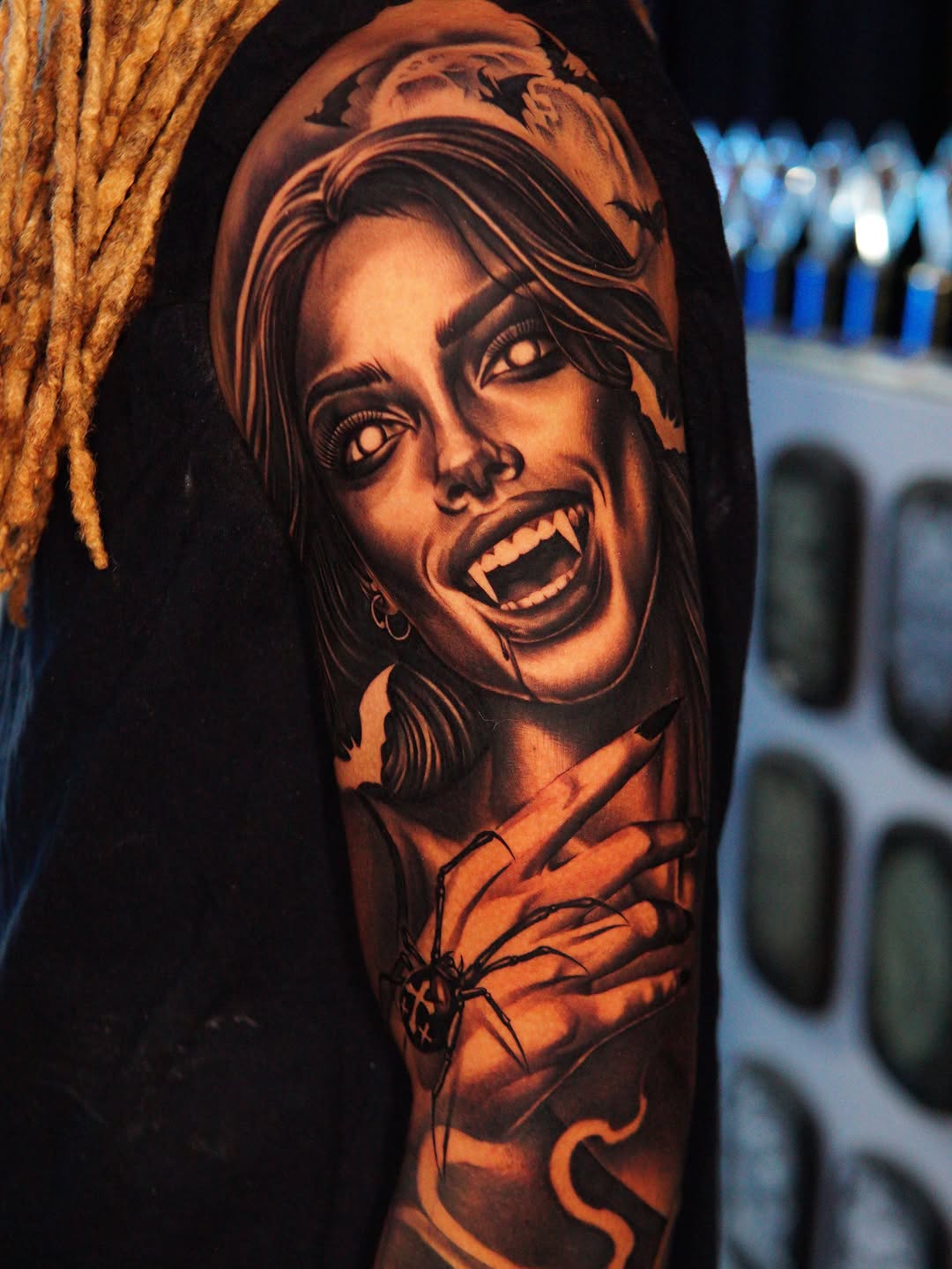 Vampire woman with spider realism tattoo on the forearm by Atlanta Tattoo Artist, Atlanta, Georgia