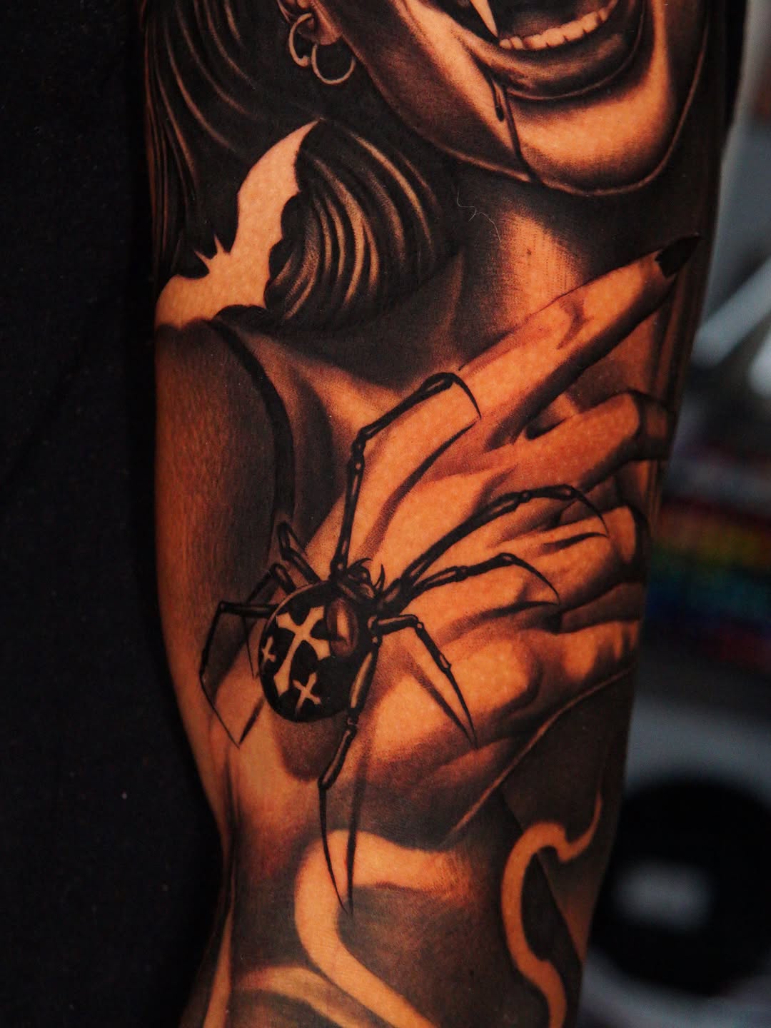 Spider and vampire woman realism tattoo on the forearm by Atlanta Tattoo Artist, Atlanta, Georgia
