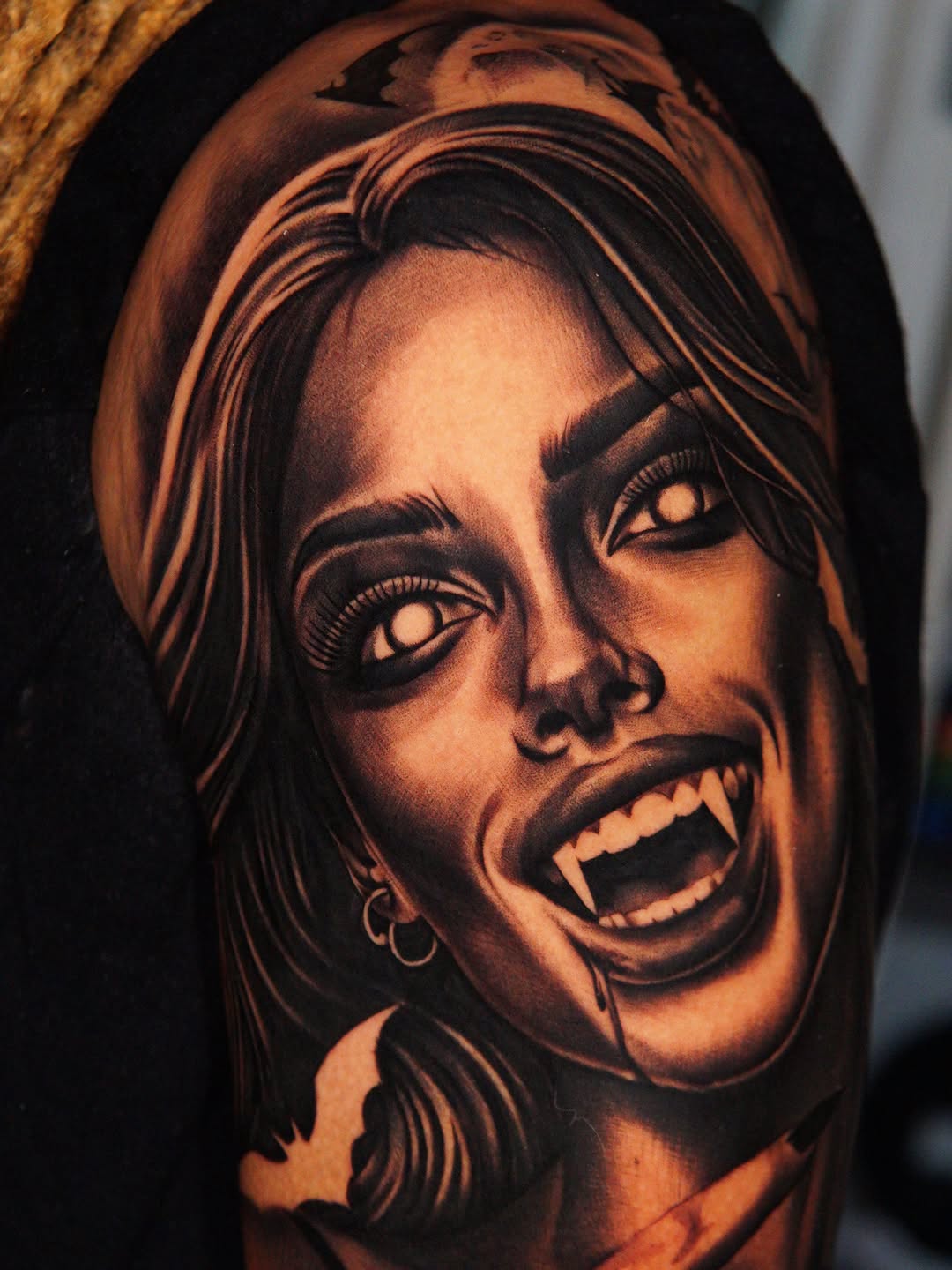 Vampire woman portrait realism tattoo on the forearm by Atlanta Tattoo Artist, Atlanta, Georgia