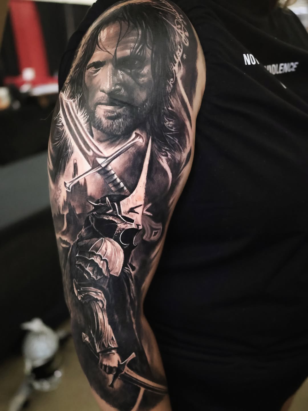 Aragorn from Lord of the Rings realism tattoo on the forearm by angel.antonio.tattoos