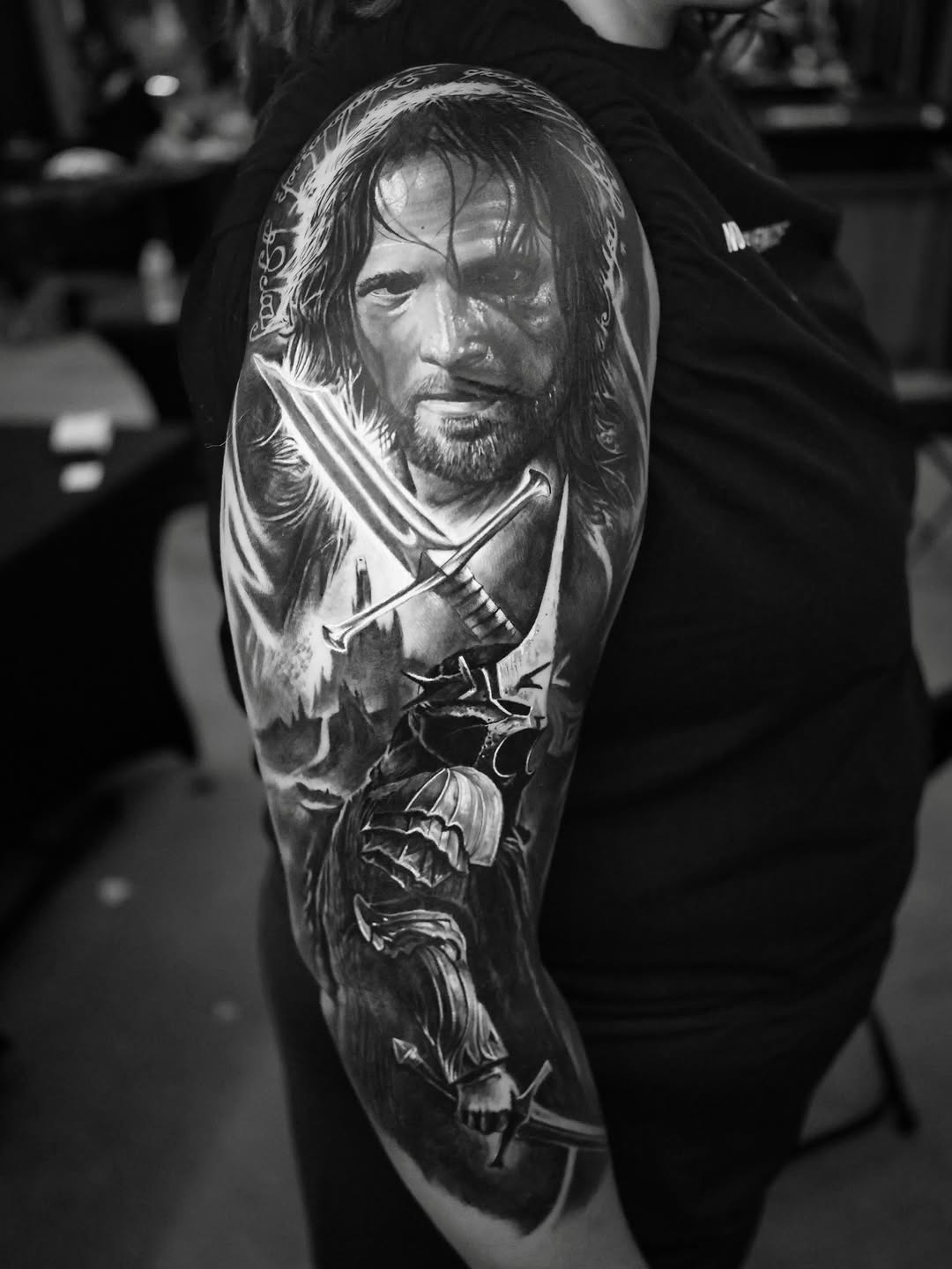 Aragorn and Nazgûl sketch tattoo on the forearm by angel.antonio.tattoos