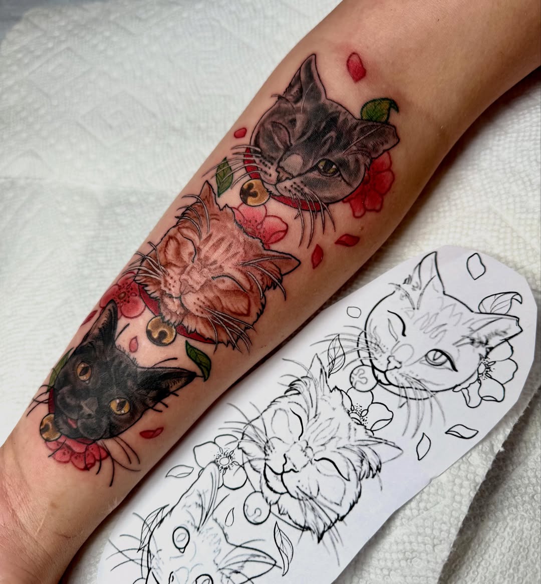 Cats and flowers realism tattoo on the forearm by Em ✨PA Tattooer