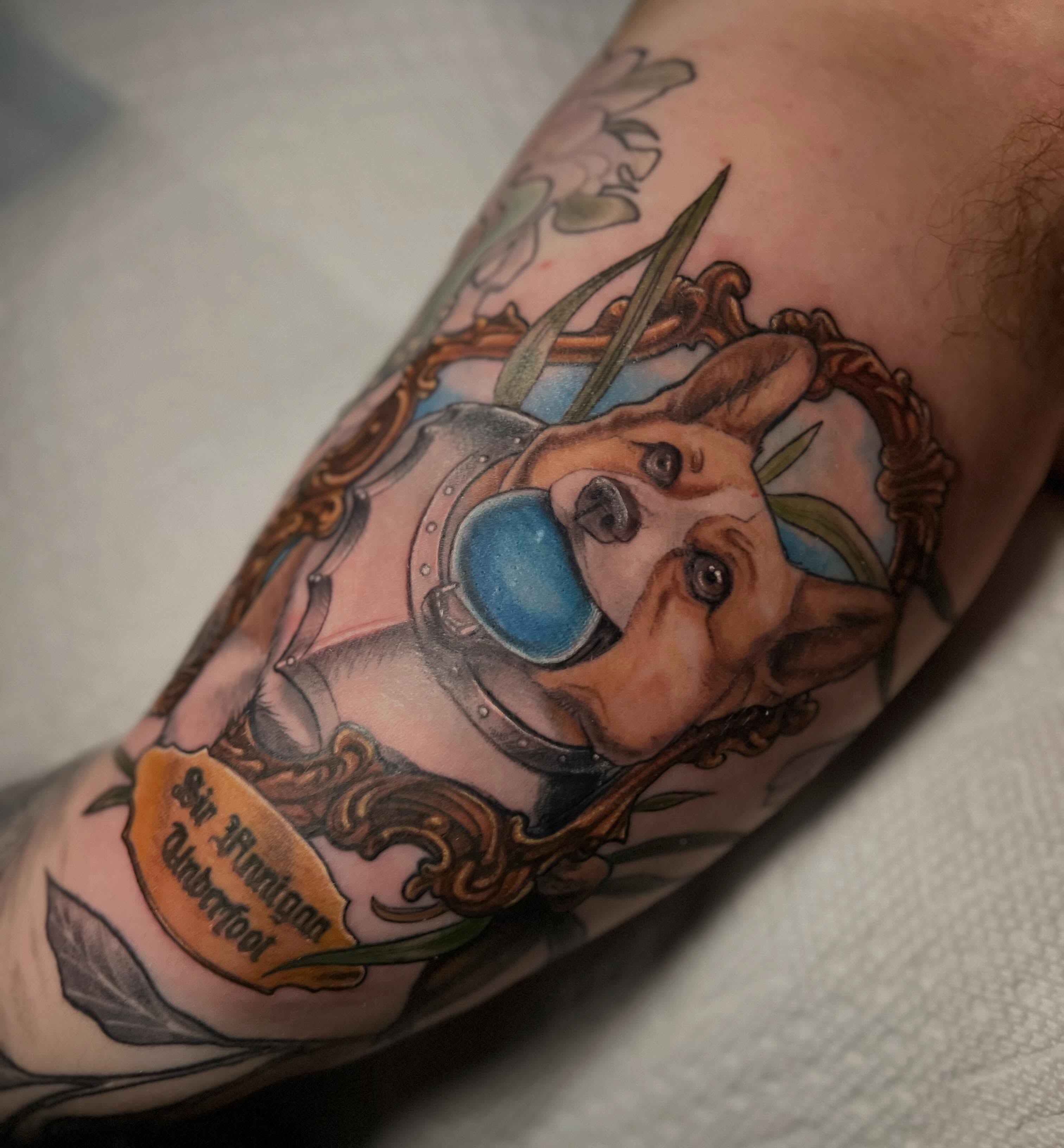 Dog wearing diving helmet American traditional tattoo on the forearm by Em ✨PA Tattooer