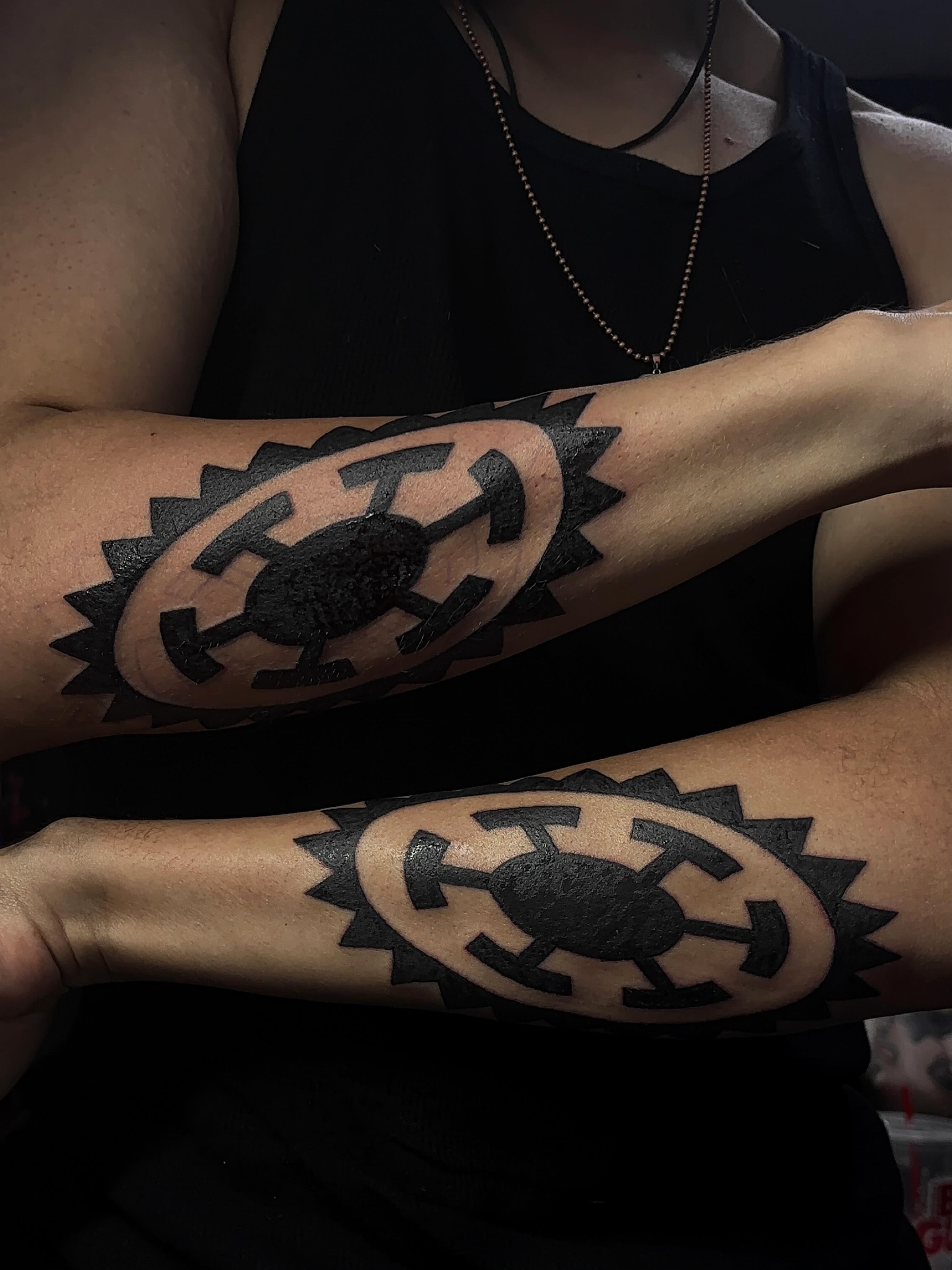 Geometric gear geometric tattoo on the forearm by DFW