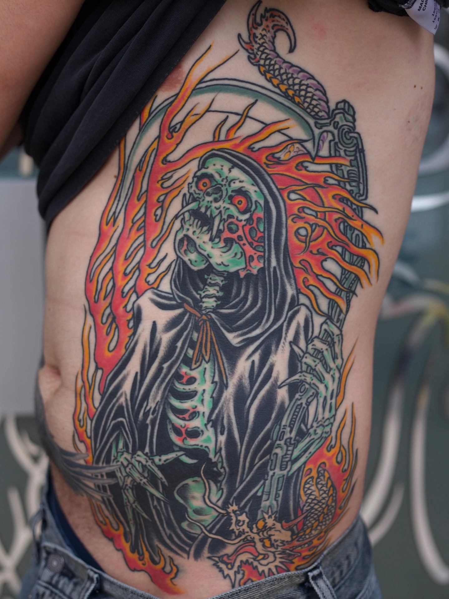 Grim reaper American traditional tattoo on the thigh by J Ranno, Richmond, Virginia