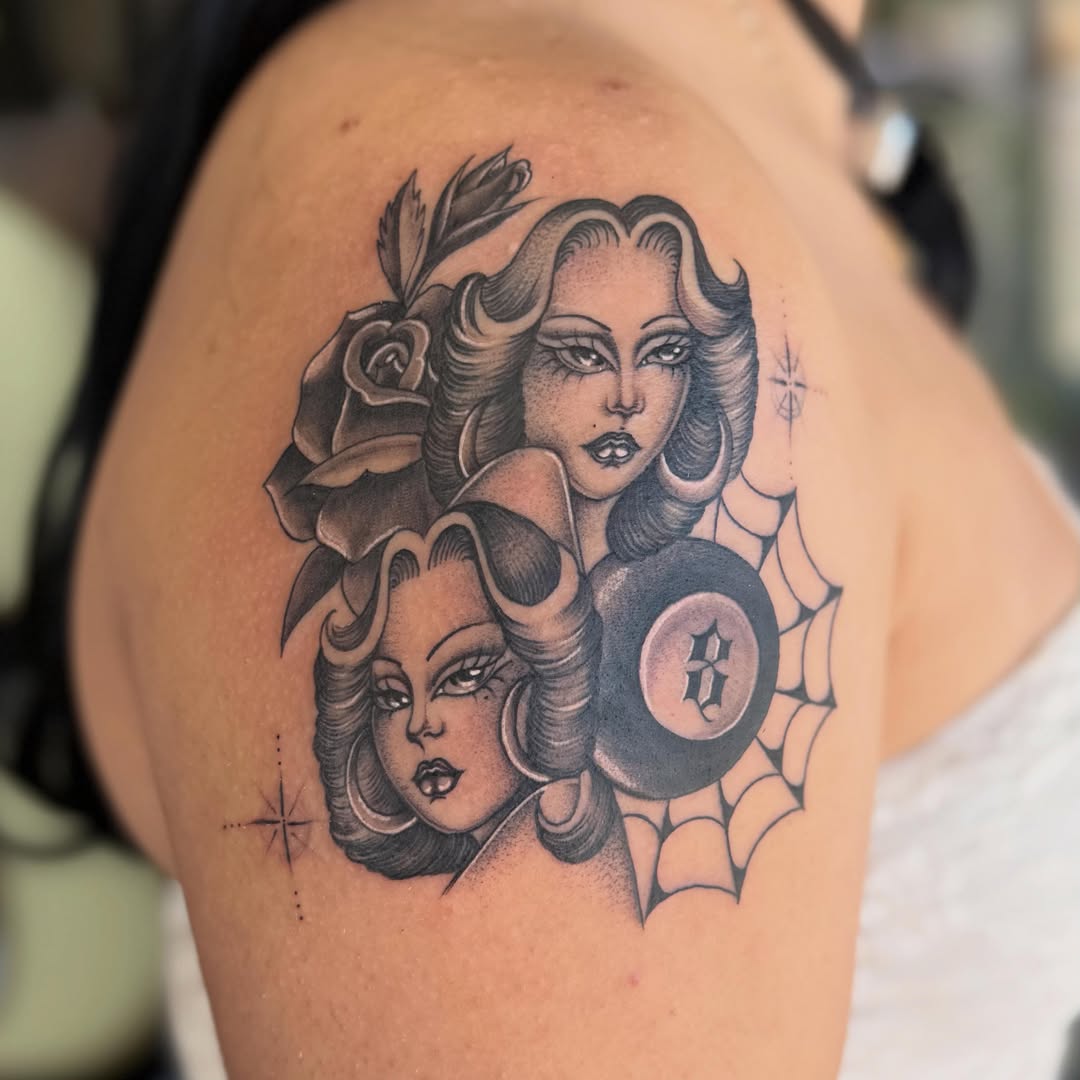 Pin-up girls and eight ball American traditional tattoo on the shoulder by H e I D I