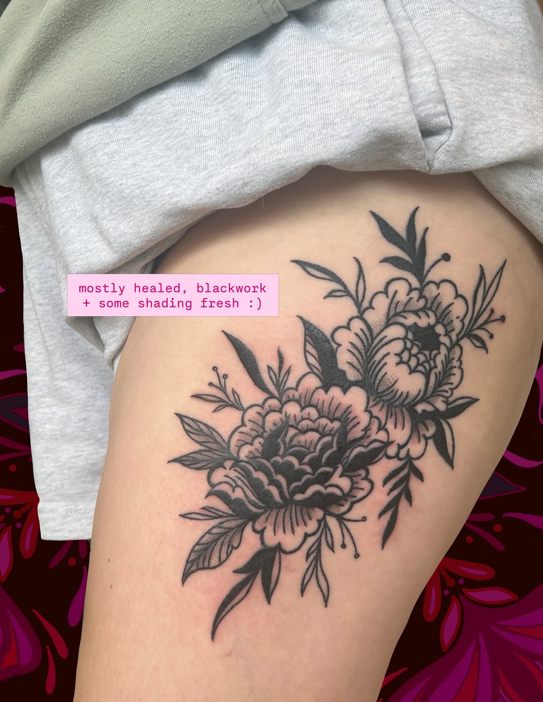 Peonies and leaves dotwork tattoo on the thigh by ❆ minneapolis tattoo artist ❆