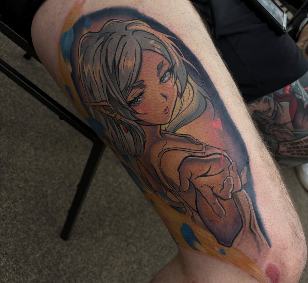 Elf girl anime tattoo on the thigh by Emilie Uchiha - Anime Tattoo Artist