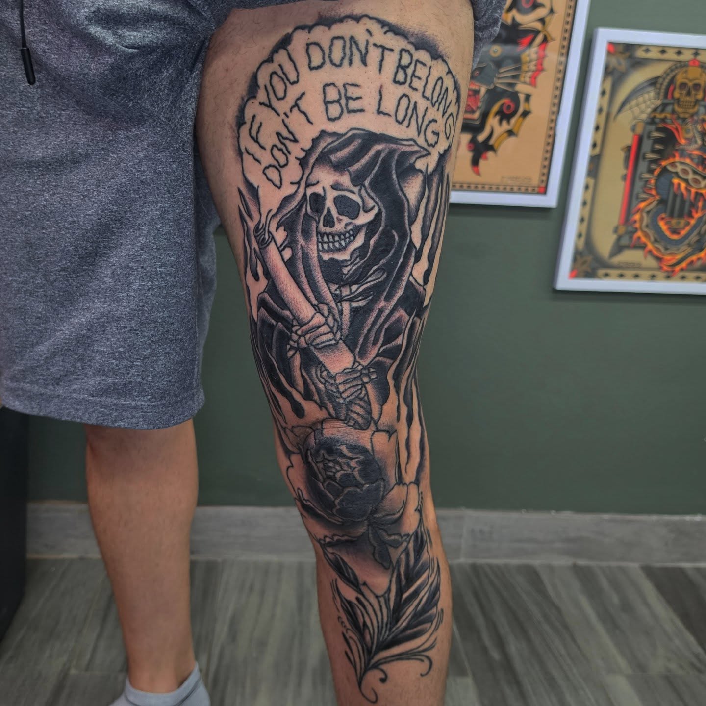 Reaper and rose realism tattoo on the thigh by Oliver Ⴟ Graves