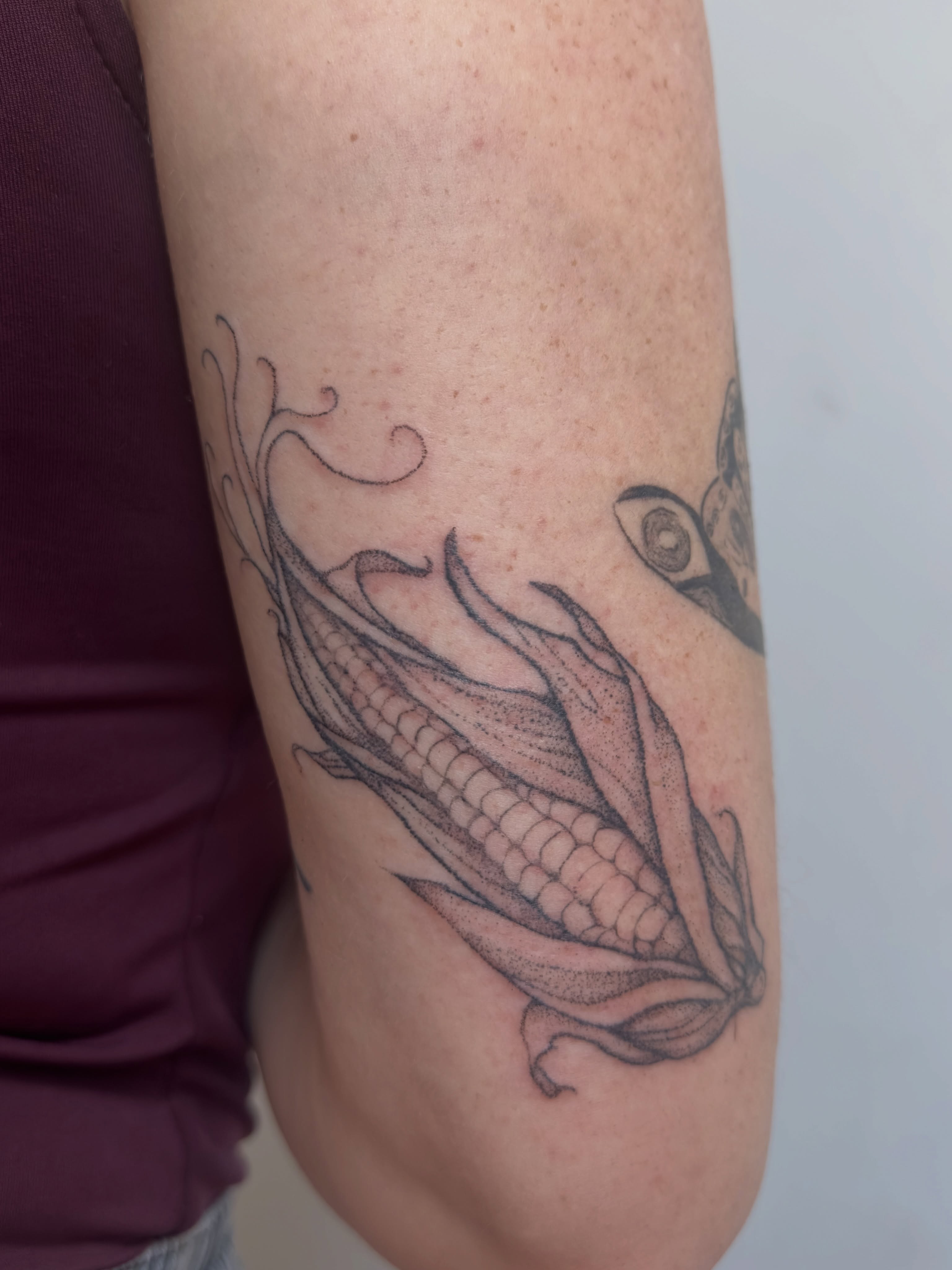 Corn cob dotwork tattoo on the forearm by Sadie Spades Philly Tattoos