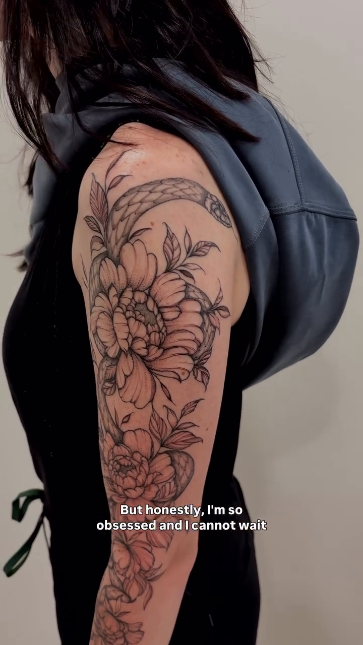 Floral sleeve with snake fine line tattoo on the thigh by Tayler, Tooele, Utah