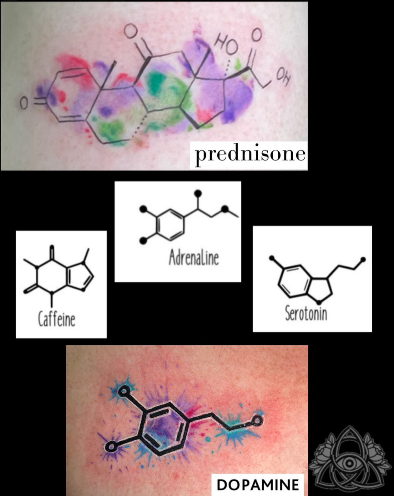 Chemical structures watercolor tattoo by Michael - Tattoo Garden Everett, Everett, Washington