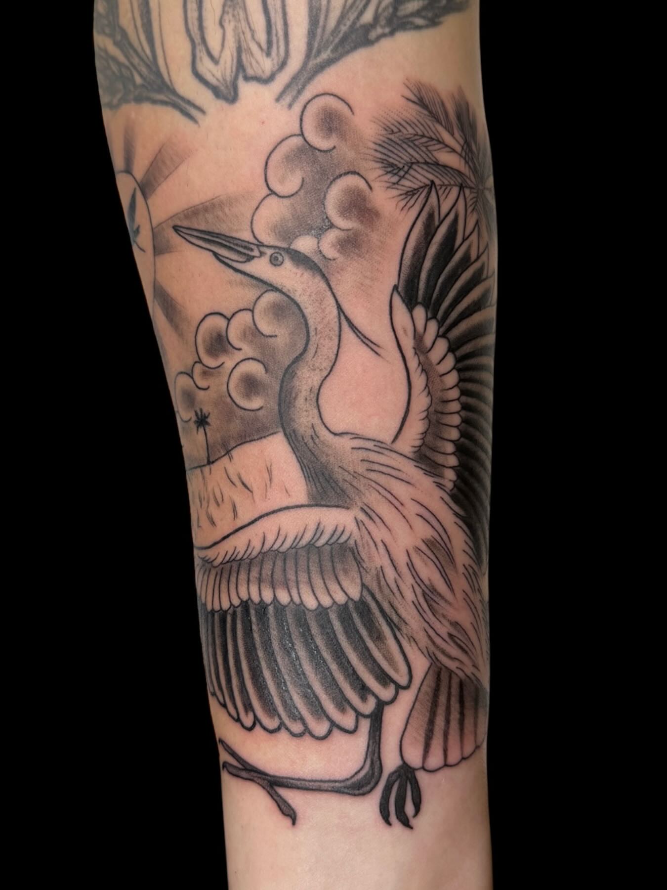 Heron American traditional tattoo on the forearm by Cody Glenn