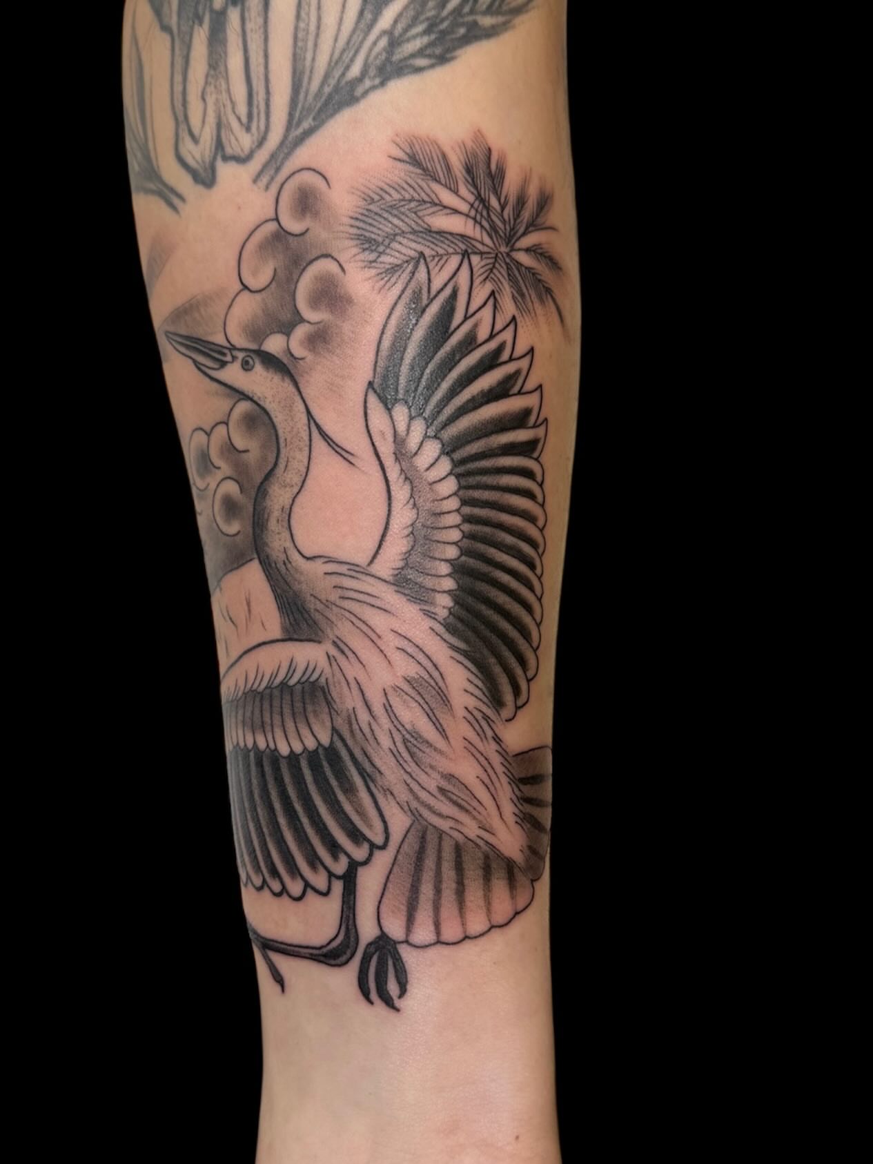 Heron black and grey tattoo on the forearm by Cody Glenn