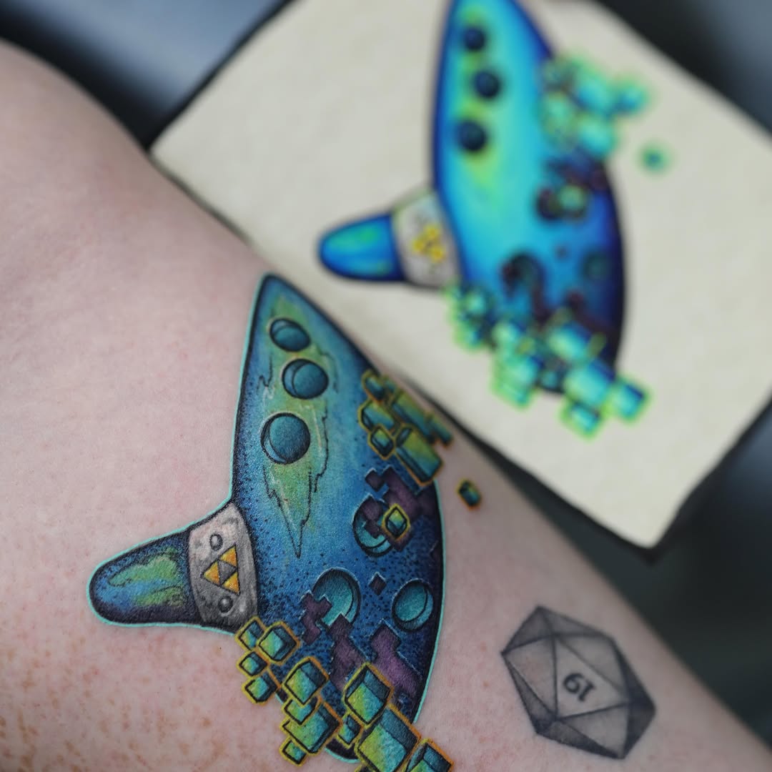 Spacecraft geometric tattoo on the forearm by LiteBriteTattoo, Salt Lake City, Utah