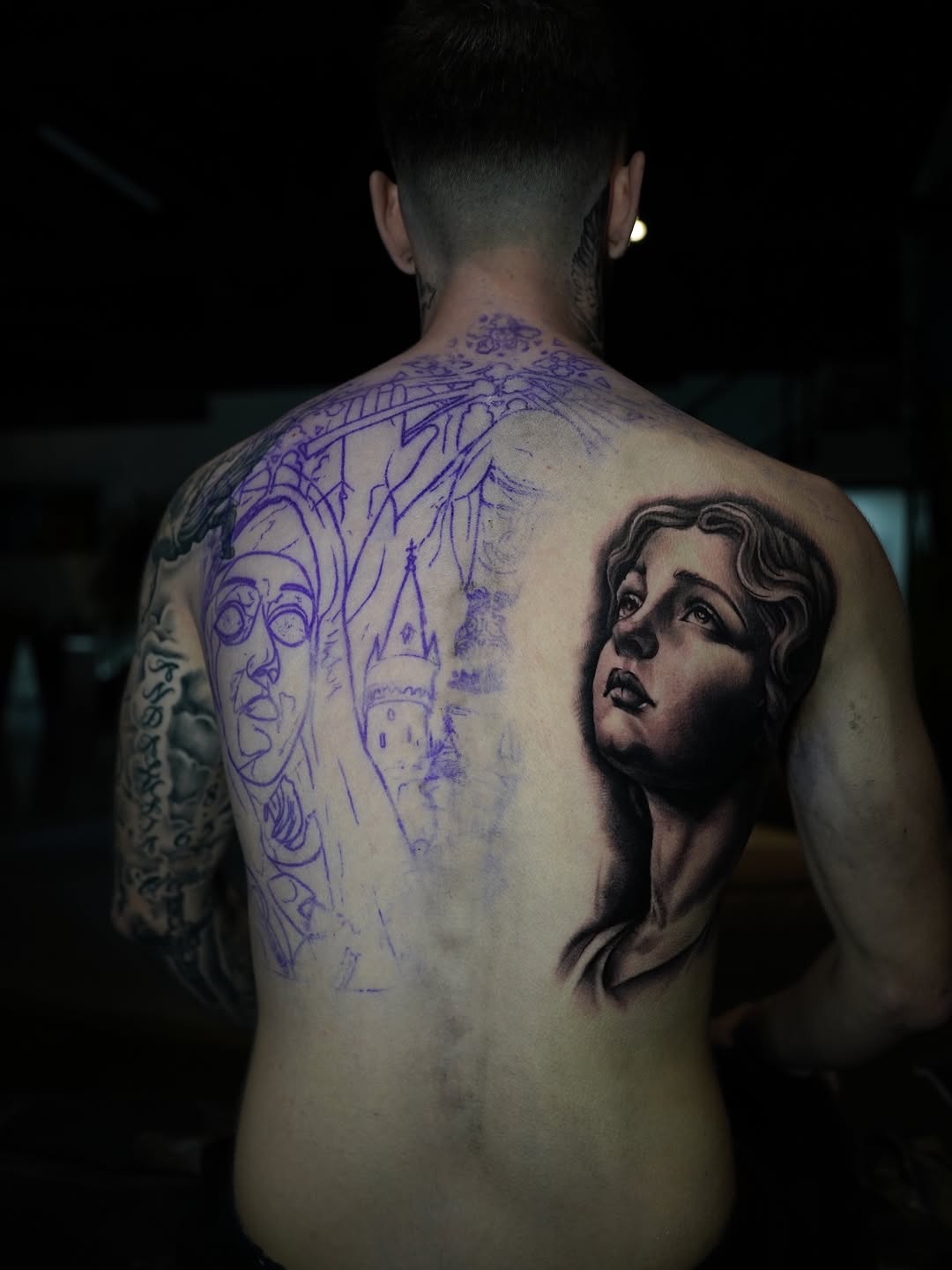 Portrait of a woman sketch tattoo on the back by Grace P
