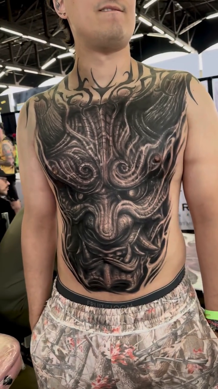 Japanese demon mask chest piece Japanese tattoo on the chest by Justin (iam3) Leifeste
