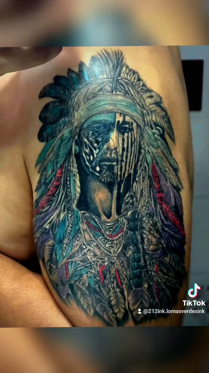 Native American chief portrait realism tattoo on the shoulder by Tatuajes Betto Ink Tattoo