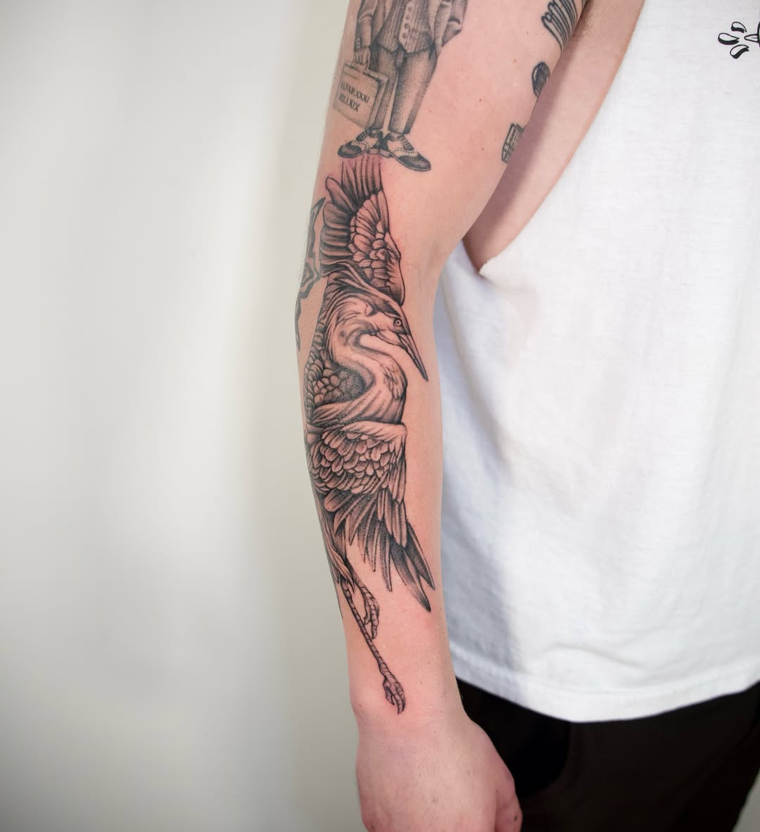 Heron black and grey tattoo on the forearm by @lovechasetattoo