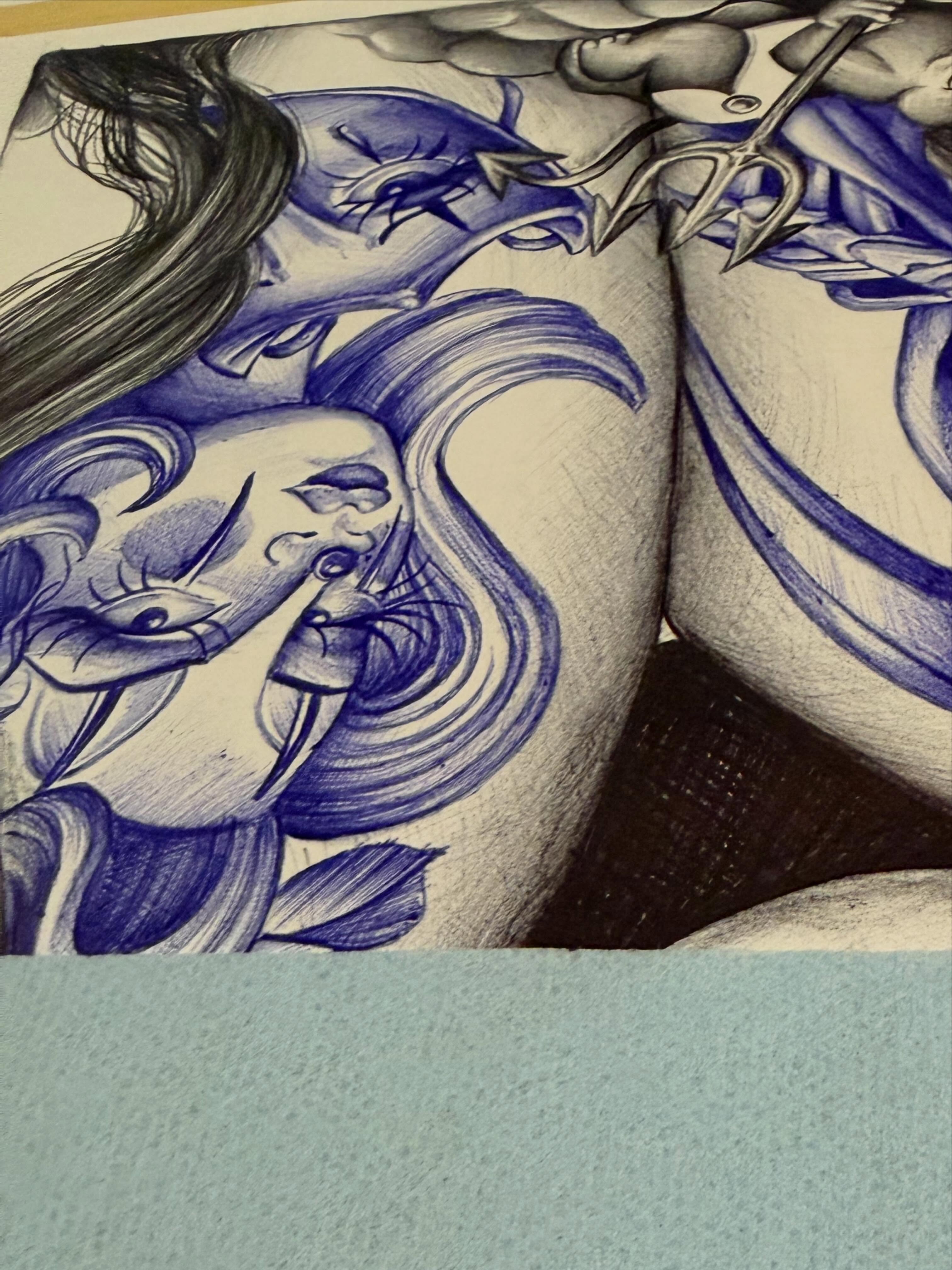 Woman with fish black and grey tattoo on the thigh by Yvonne